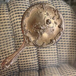 Ornate Cherub Hand Mirror - Silver Plated Tone